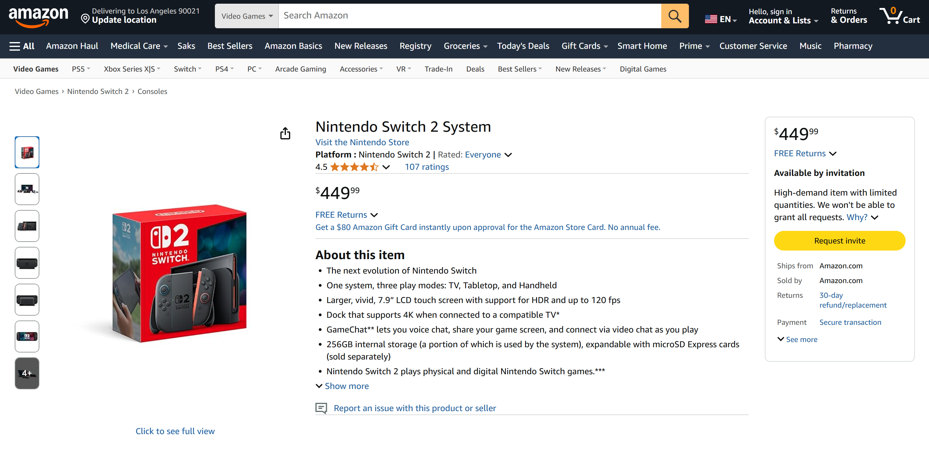 Die Zielseite der Nintendo Switch 2 auf Amazon