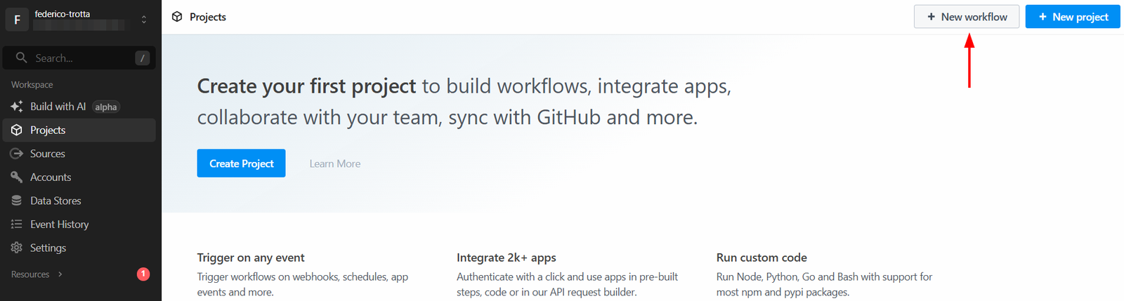 Erstellen eines neuen Workflows in Pipedream