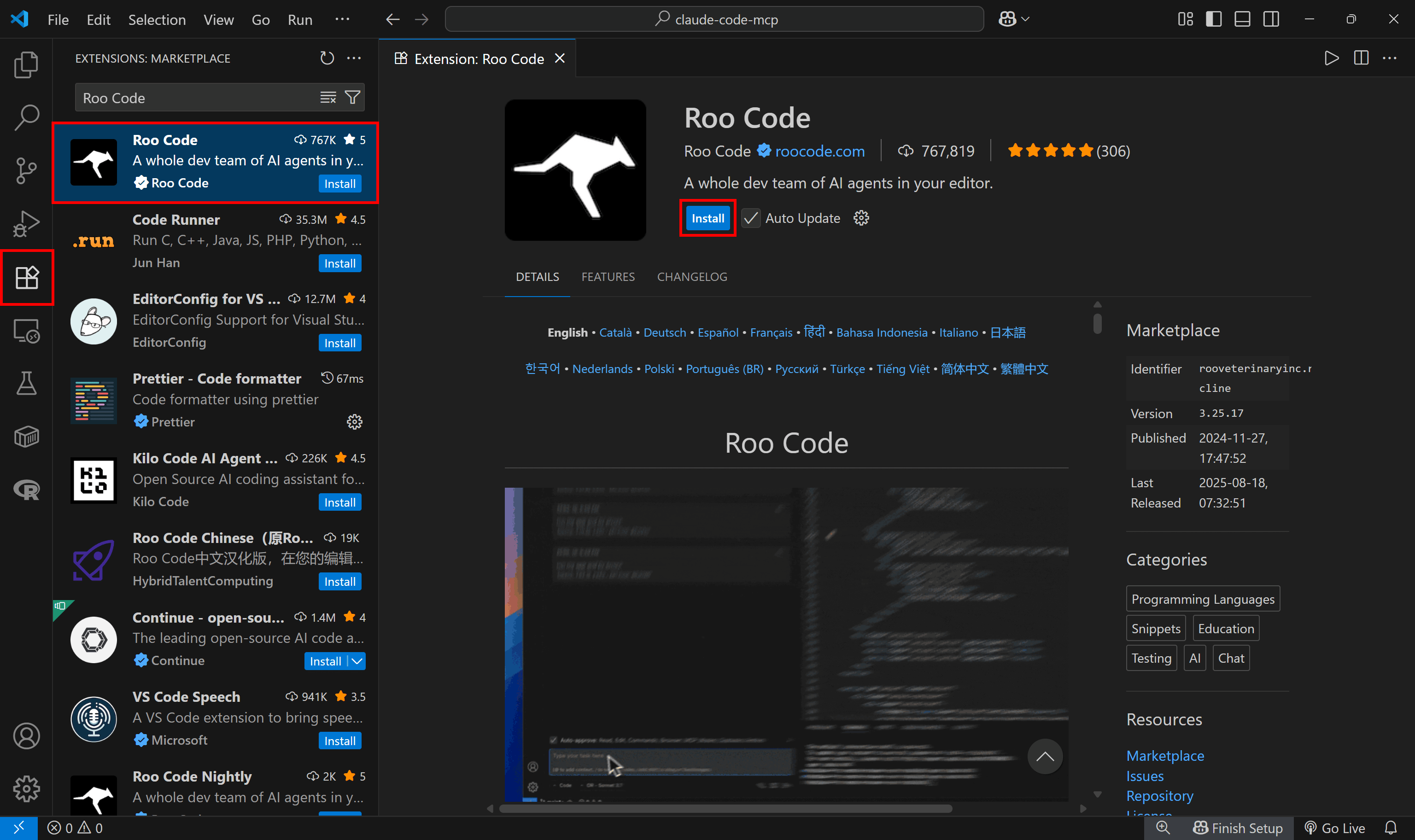 Clicking the “Install” button to install Roo Code in VS Code