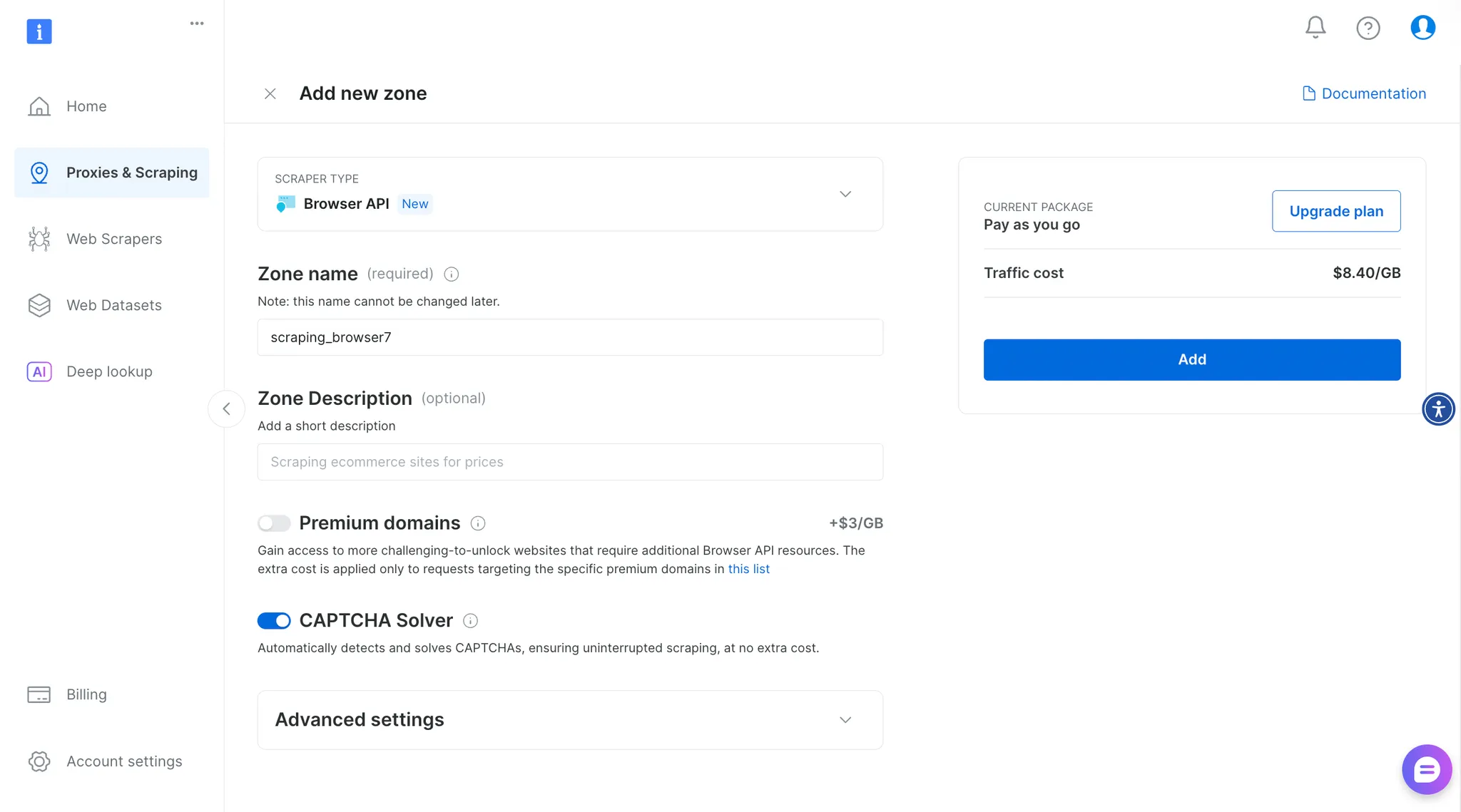 Hinzufügen einer neuen Browser-API-Zone auf der Plattform von Bright Data