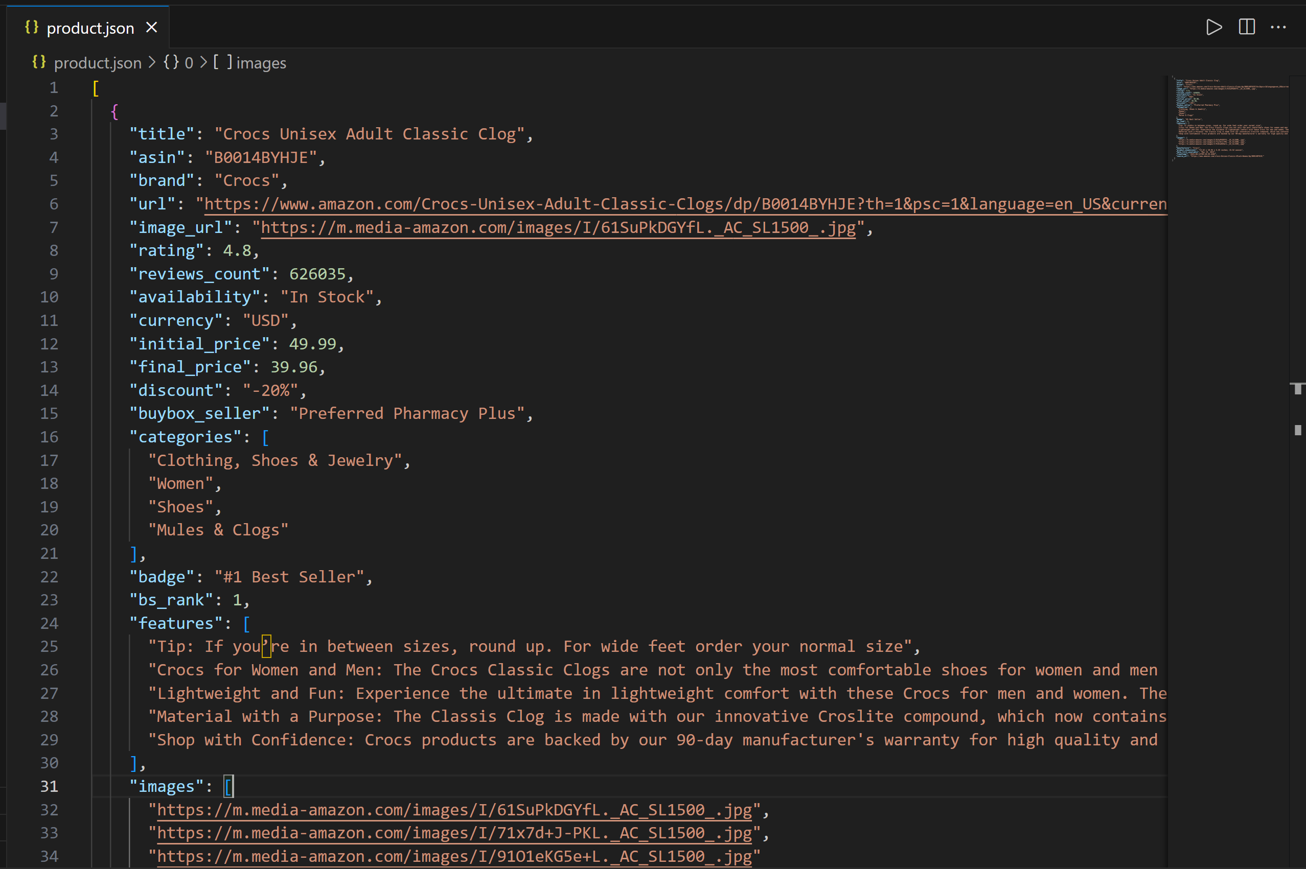 Die Datei product.json in VS Code
