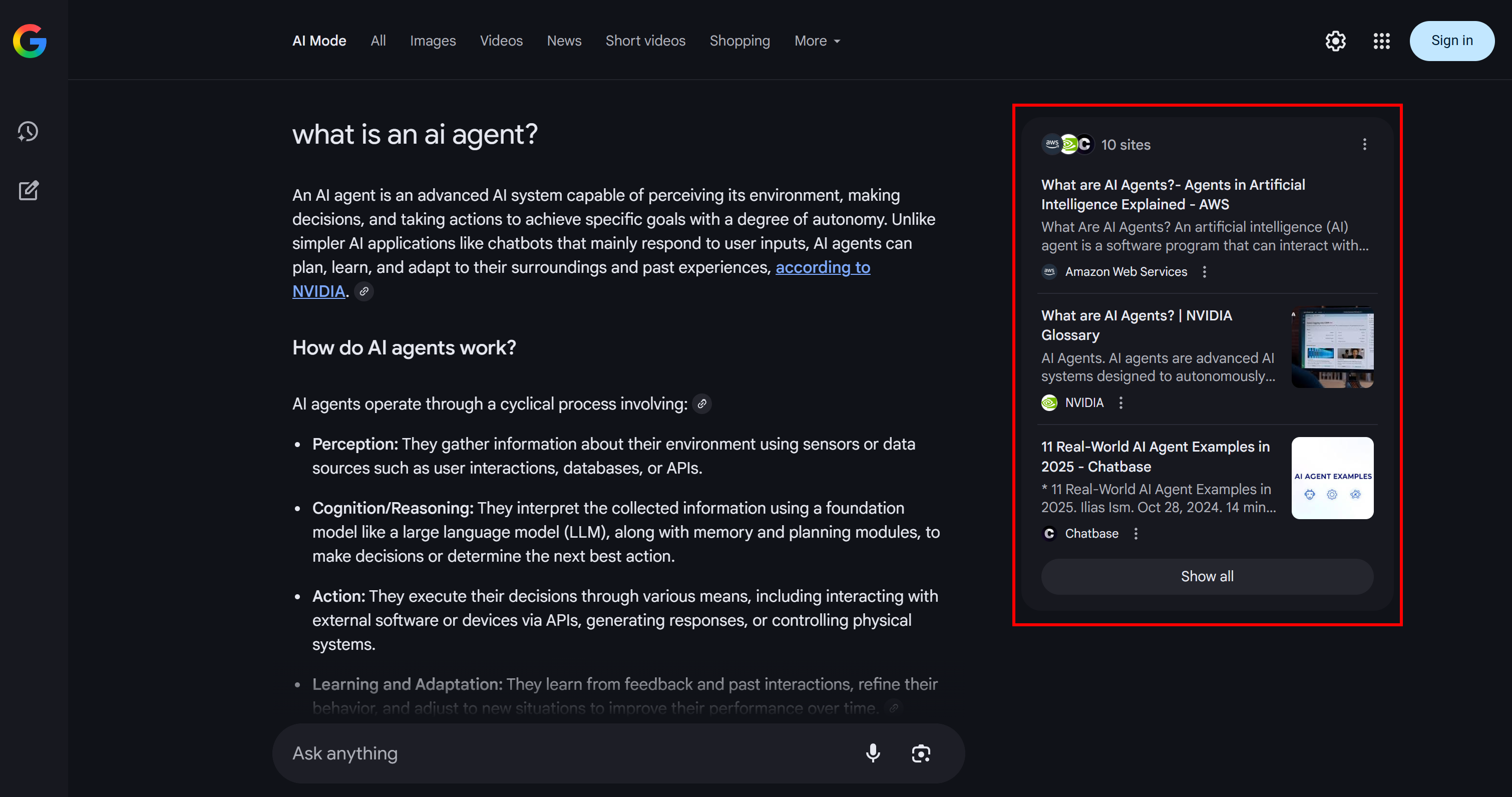 Die Auffächerung einer Suchanfrage auf einer Google AI Mode Ergebnisseite