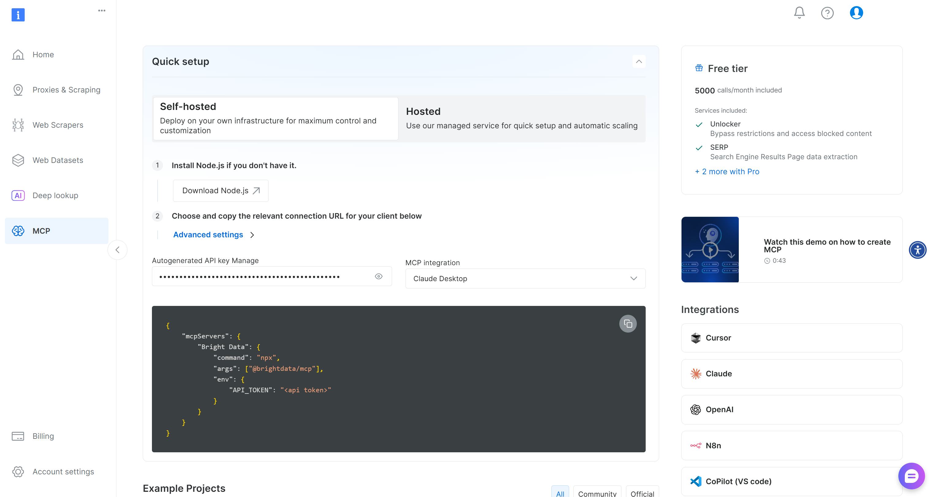 The Bright Data “MCP” section in your dashboard