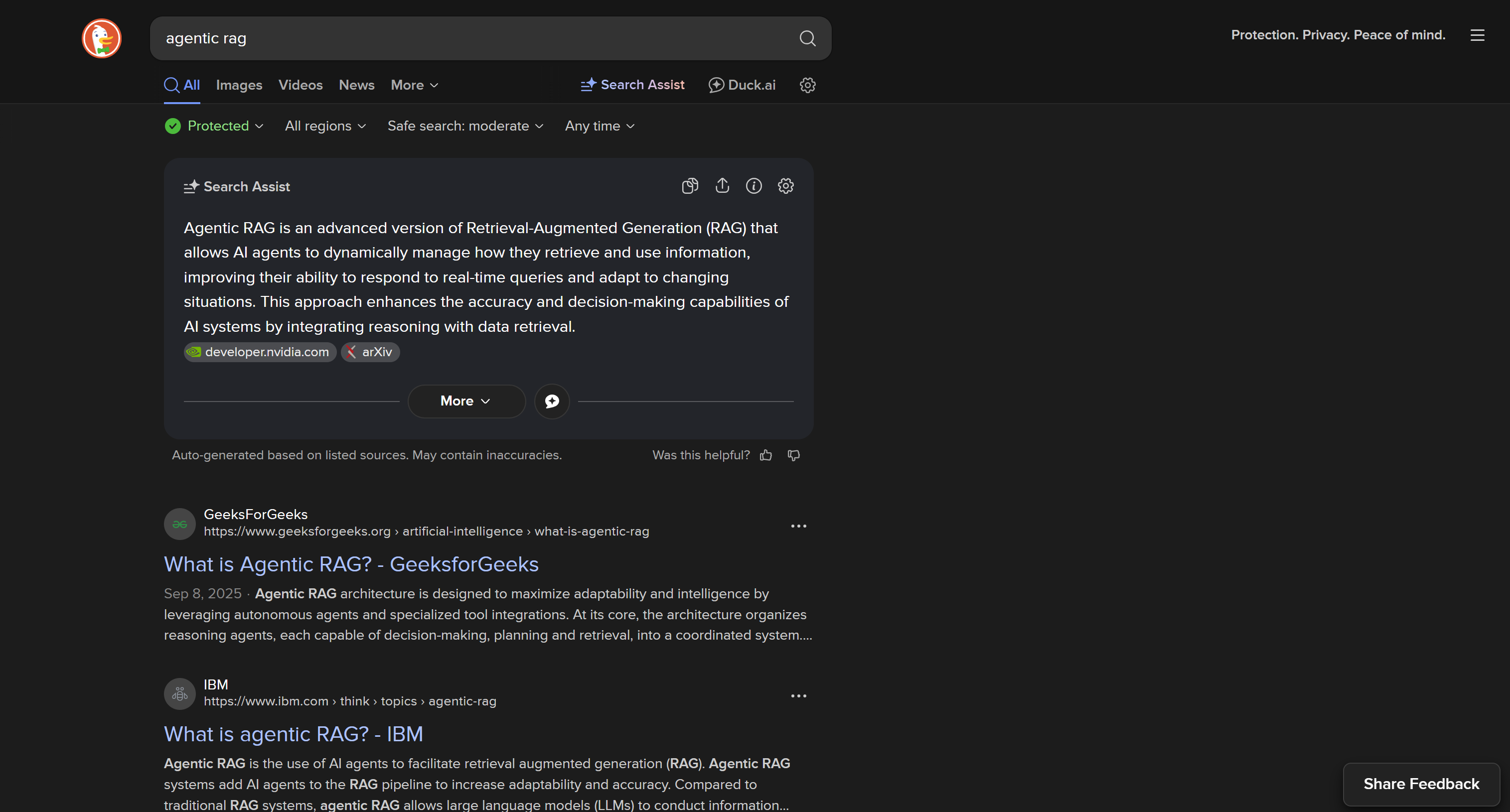 An example of the dynamic version of a DuckDuckGo SERP