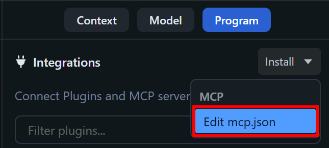 Selecting the “Edit mcp.json” option