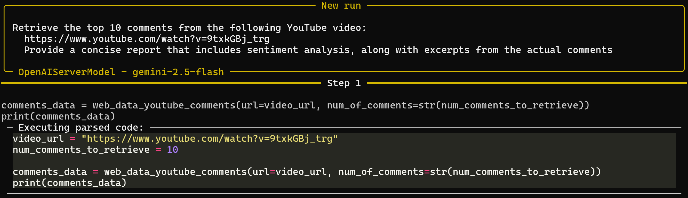 The Step 1 produced by the smolagents AI agent