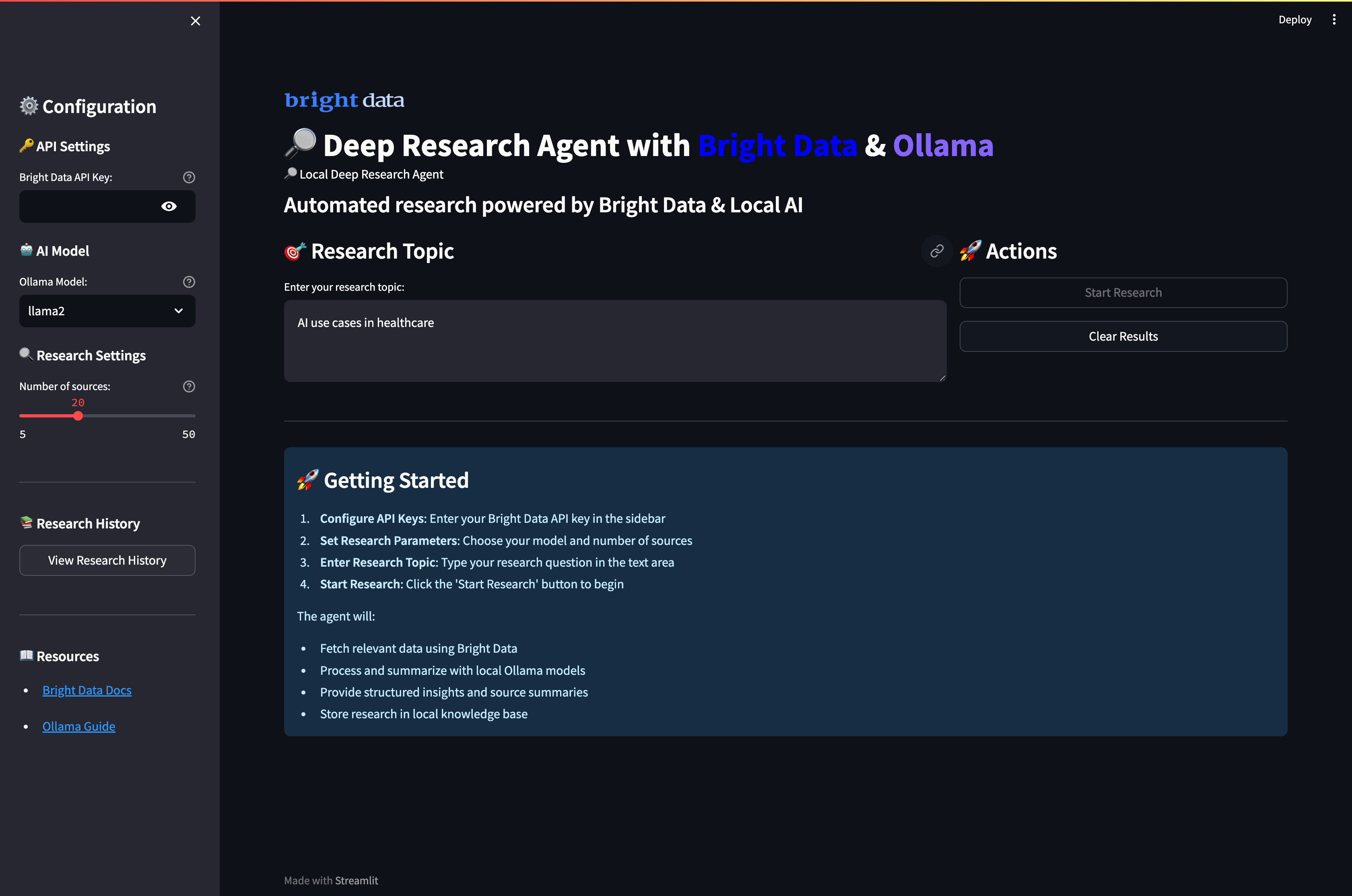 The final UI of the deep research agent