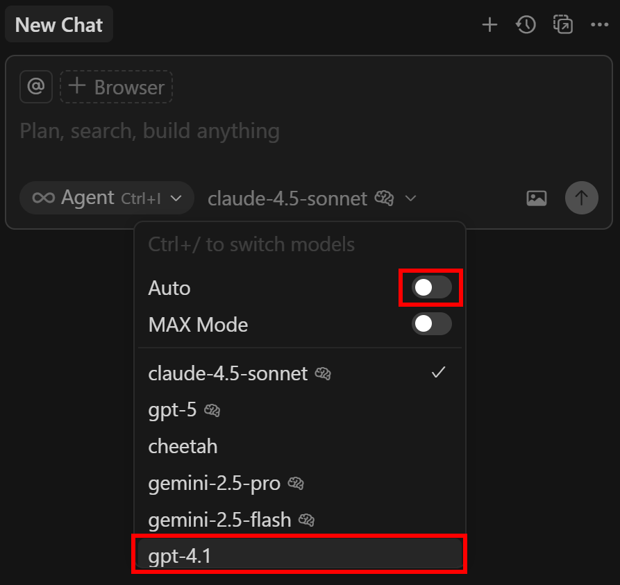 Disabling “Auto” model and selecting the “gpt-4.1” option