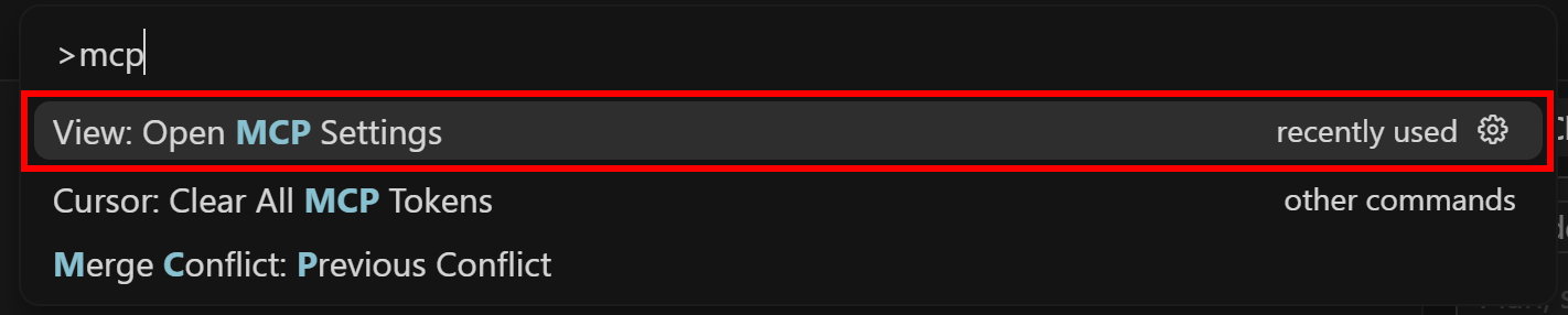 Selecting the “View: Open MCP Settings” option