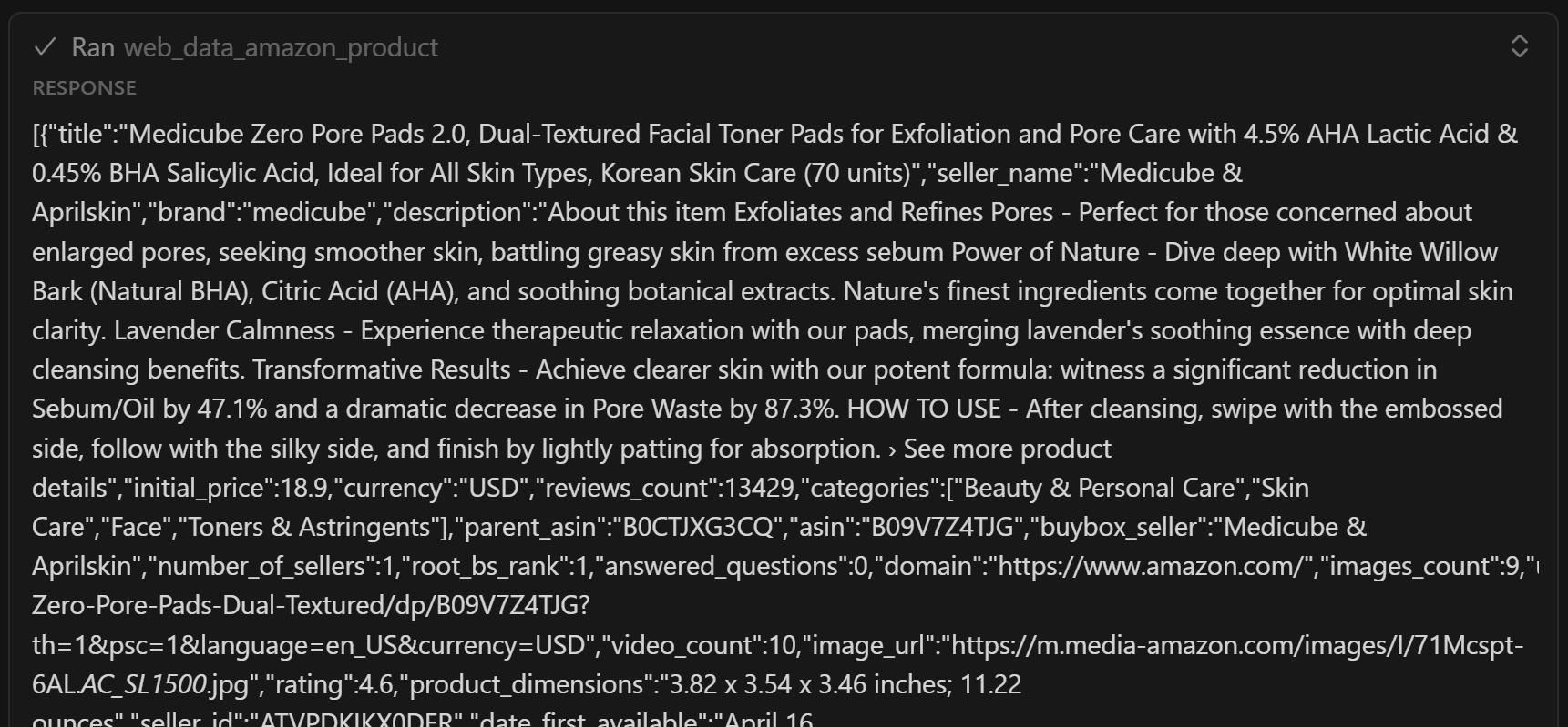 The output returned by a web_data_amazon_product tool call