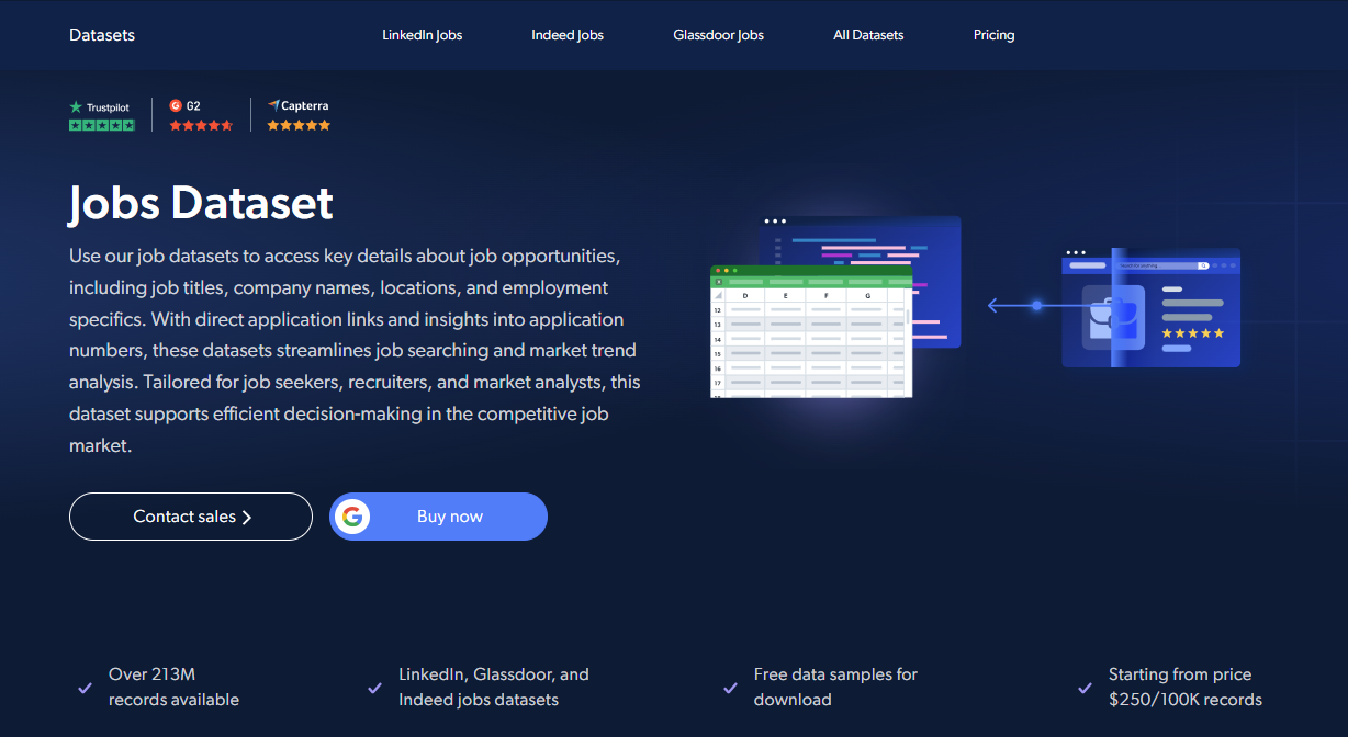Bright Data's job posting dataset page (there are also many scrapers)