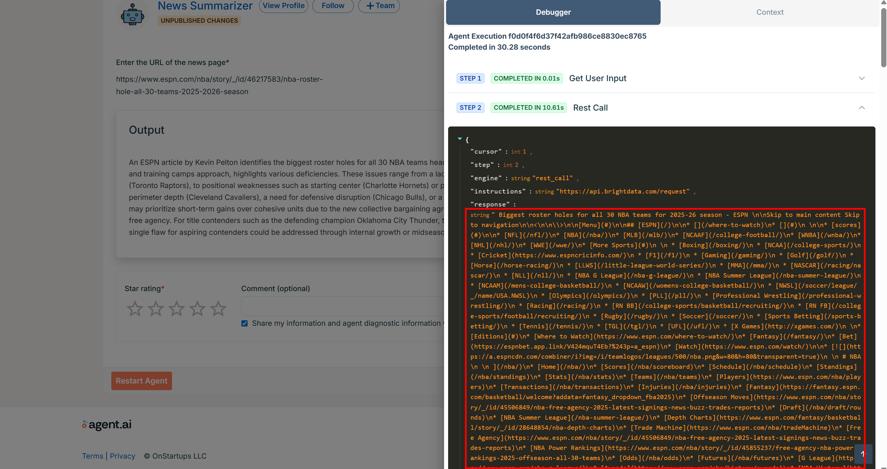 The output produced by the Web Unlocker API call made by the agent
