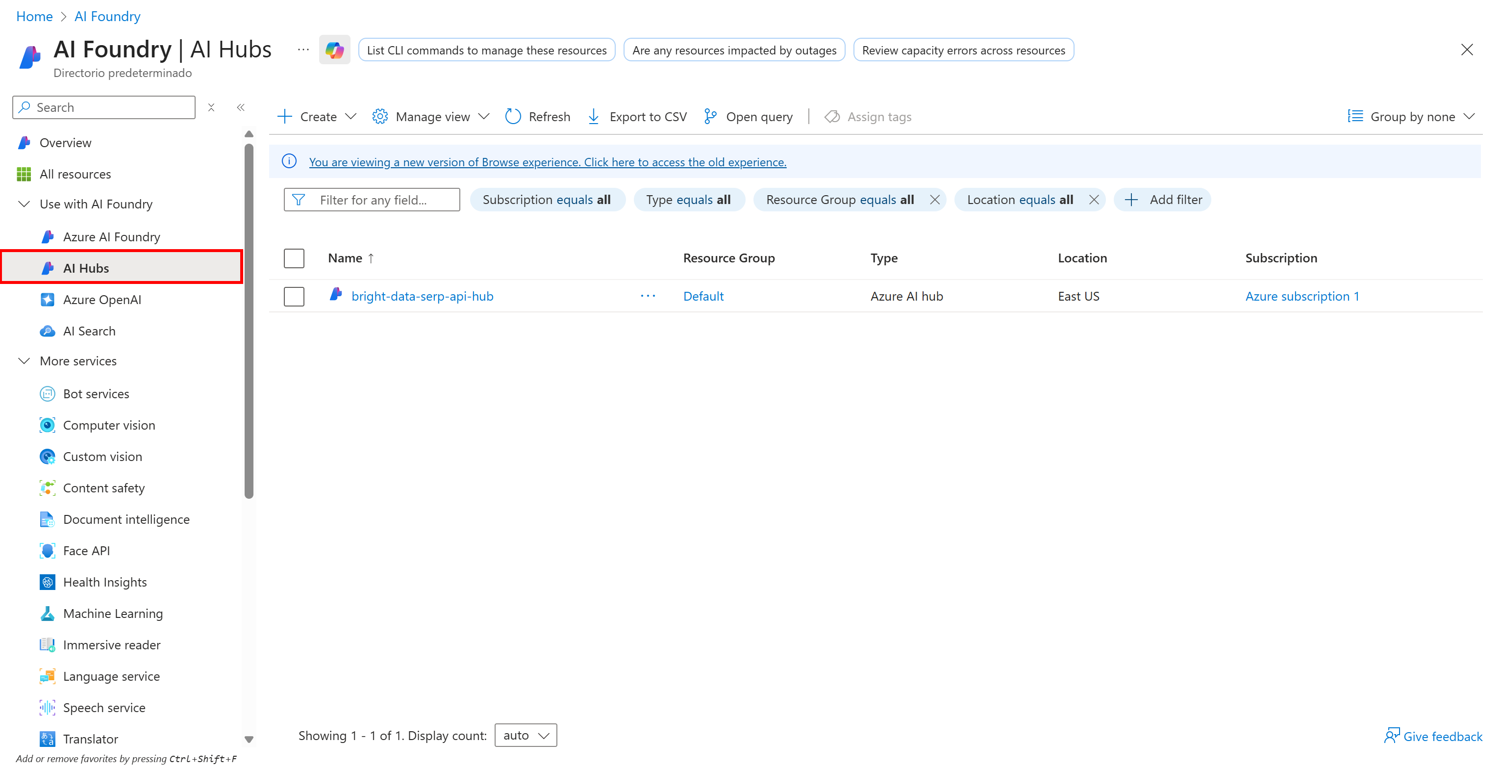 Selecting the “AI Hubs” option in the left menu