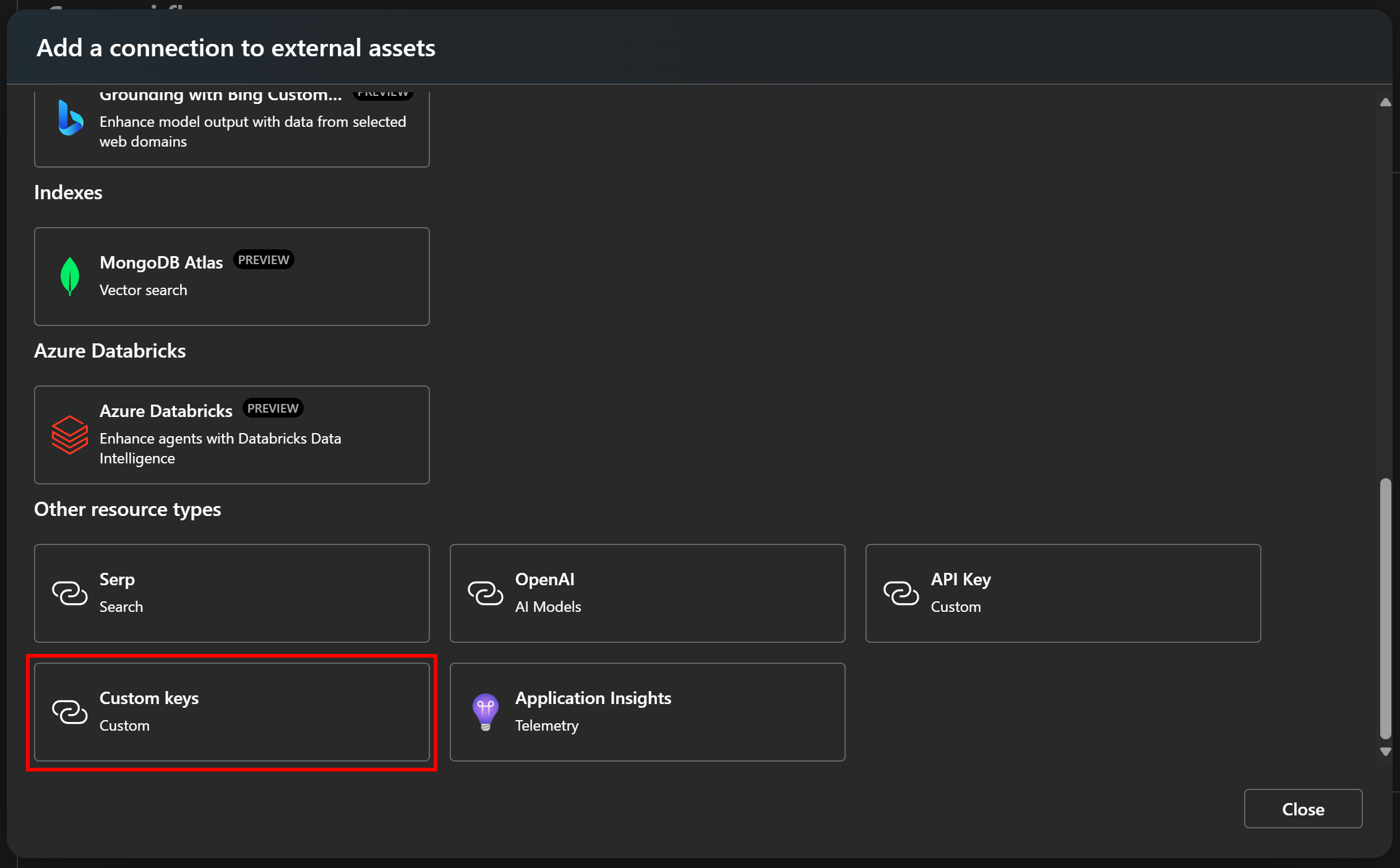 Selecting the “Custom keys” option