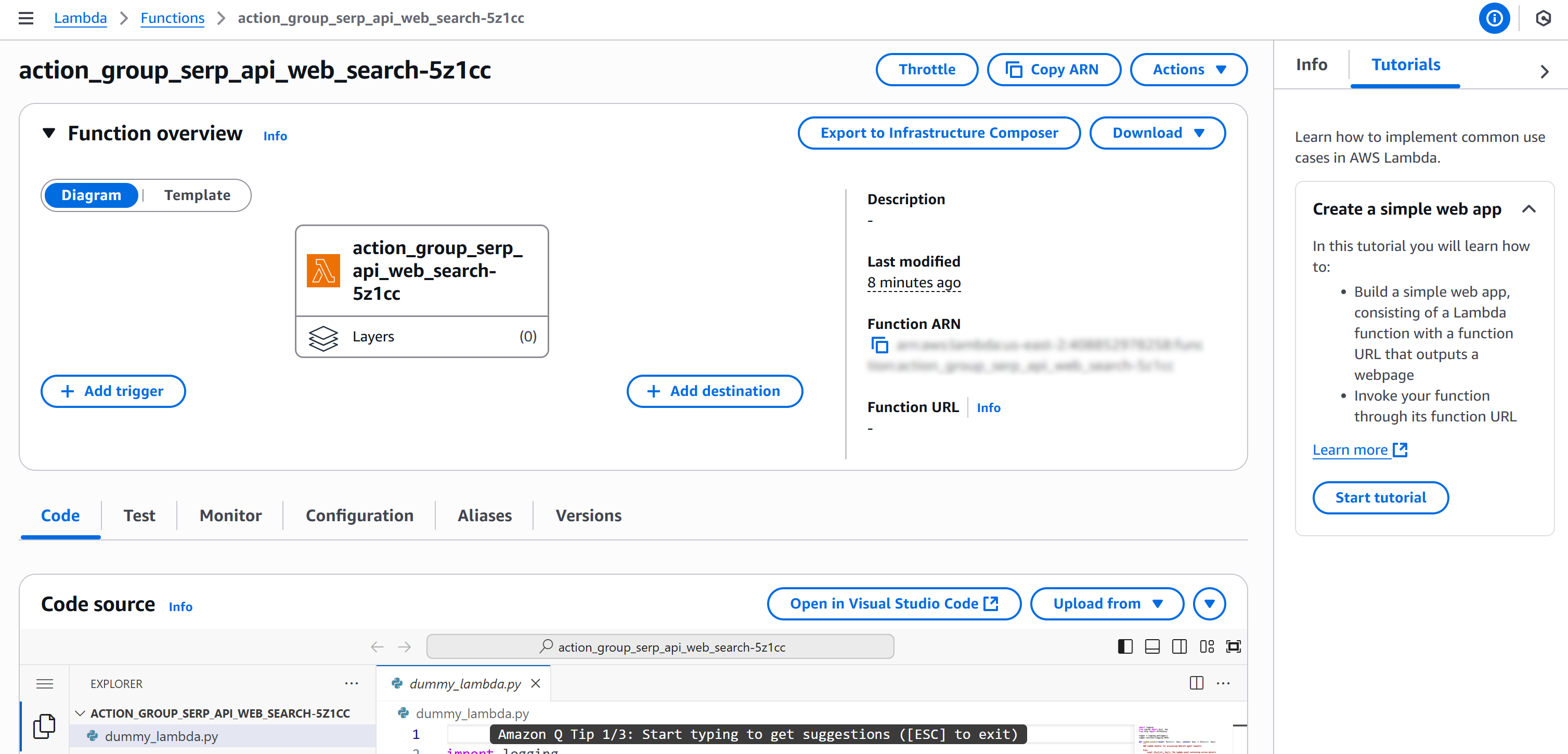 The Lambda function overview page
