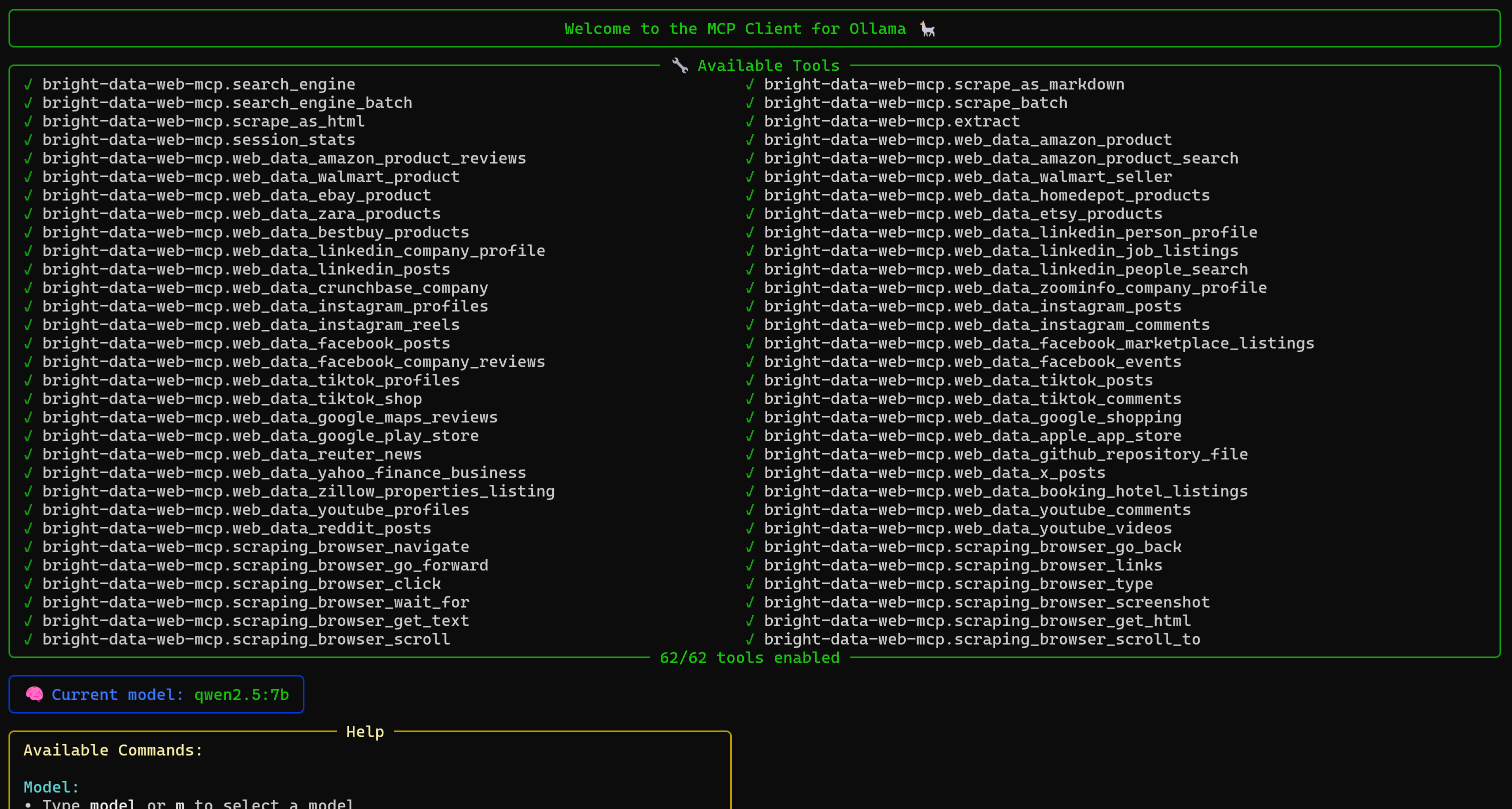 Note the 60+ tools in the welcome ollmcp page