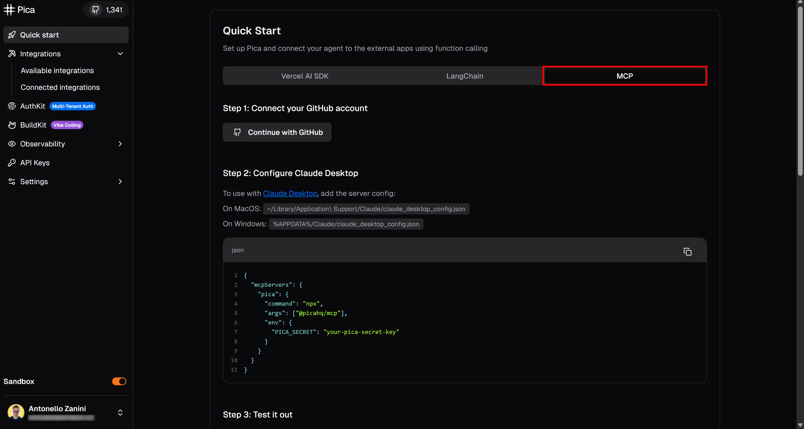 The MCP tab in the “Quick start” page of your Pica account