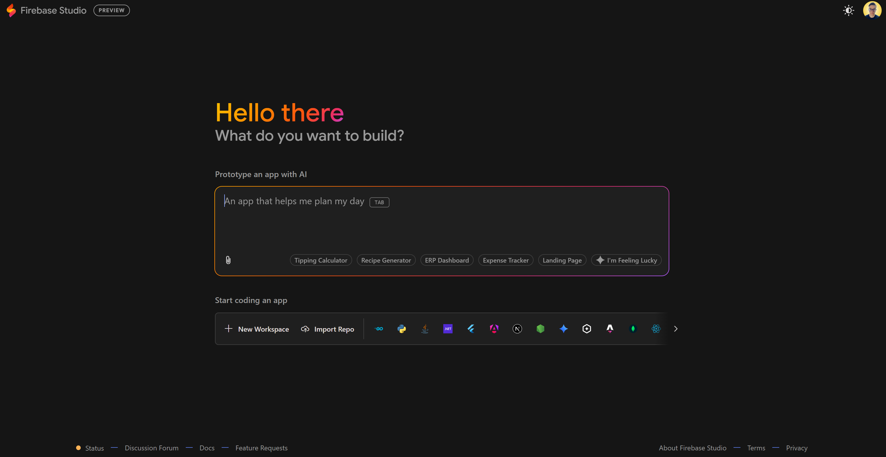 The Firebase Studio prompt-based app building page
