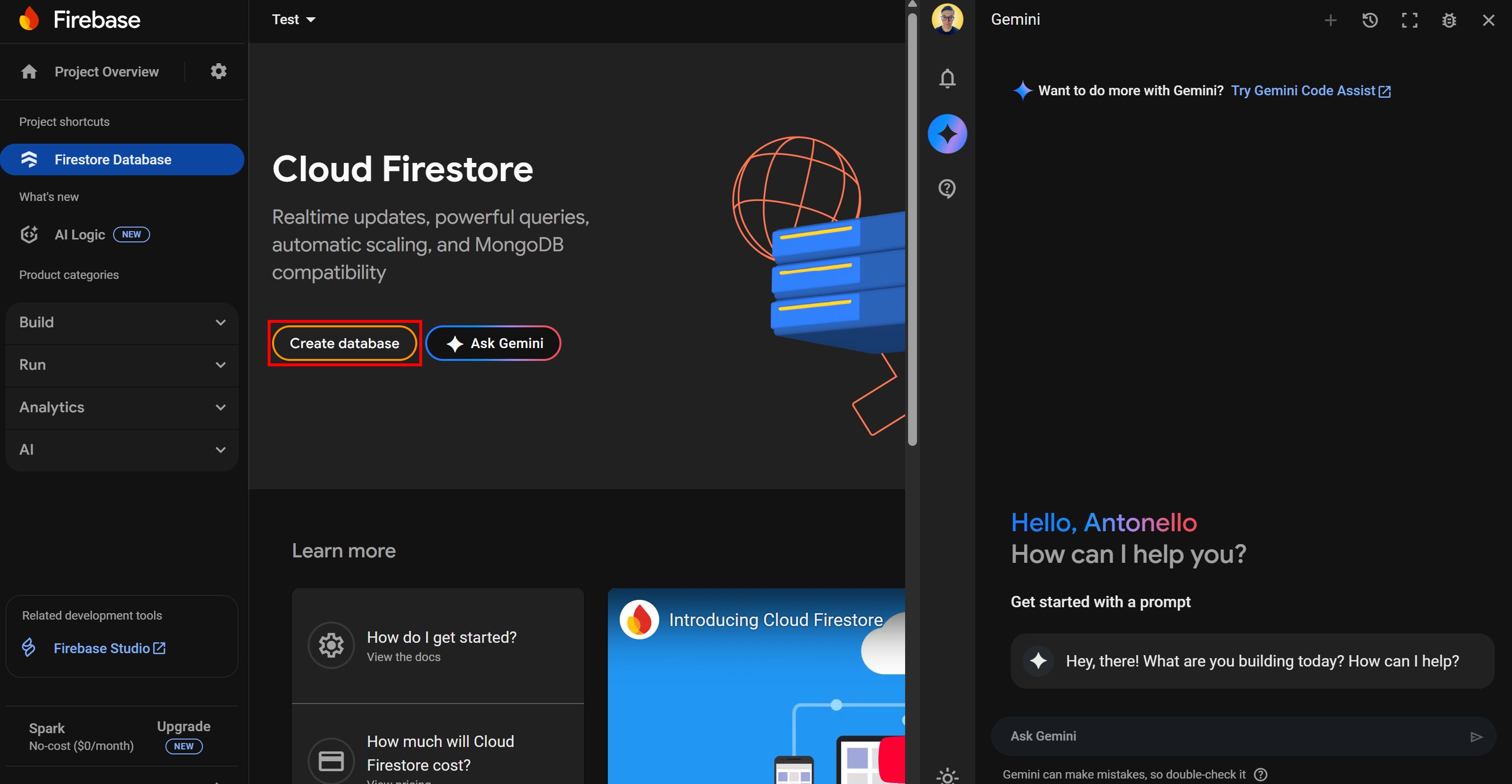 Pressing the “Create database” button