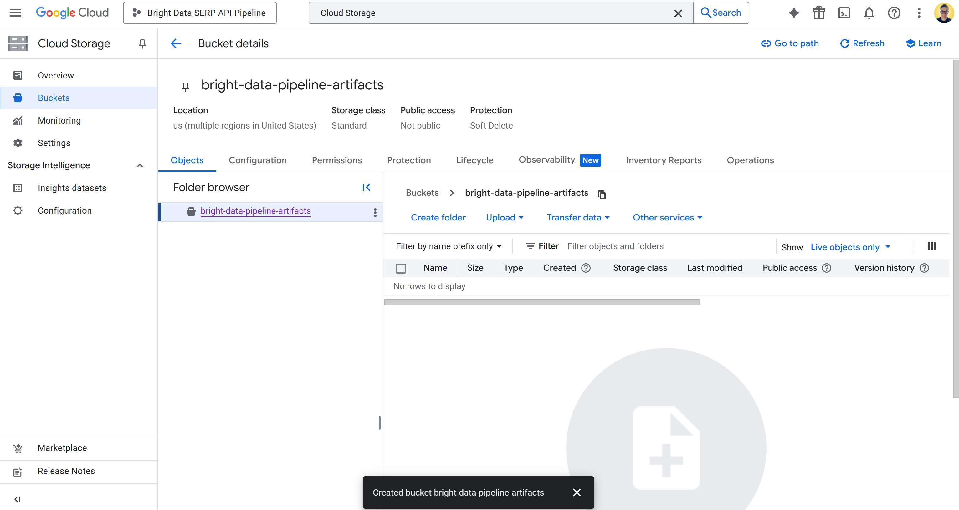 Your Google Cloud Storage bucket page