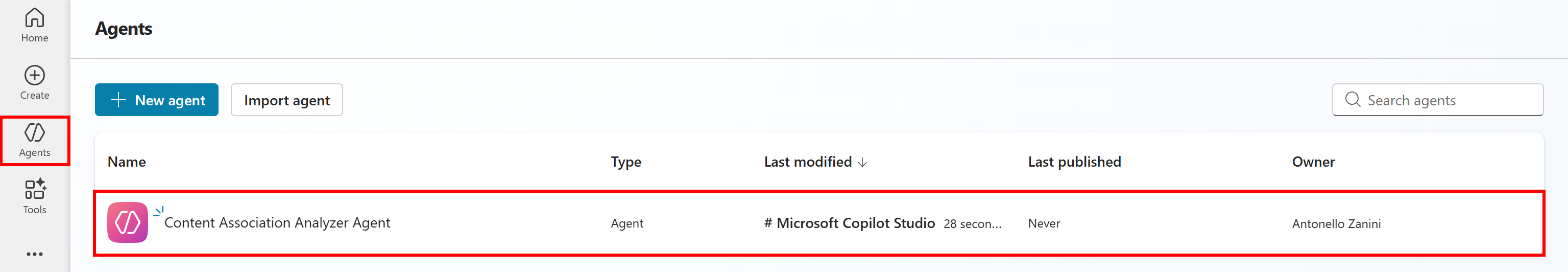 Note the newly created “Content Association Analyzer Agent” agent