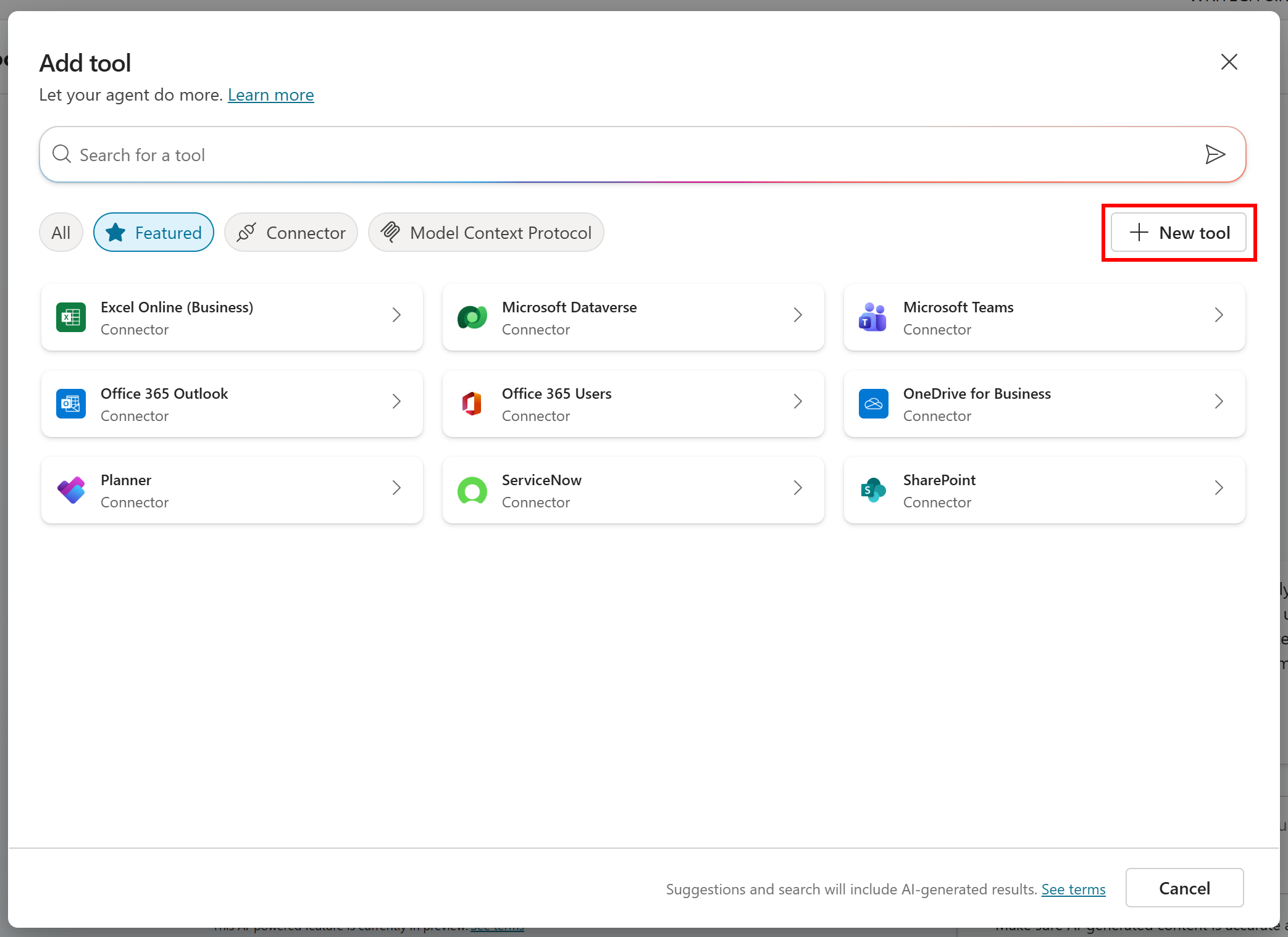 Clicking the “New tool” button on the top right corner of the modal