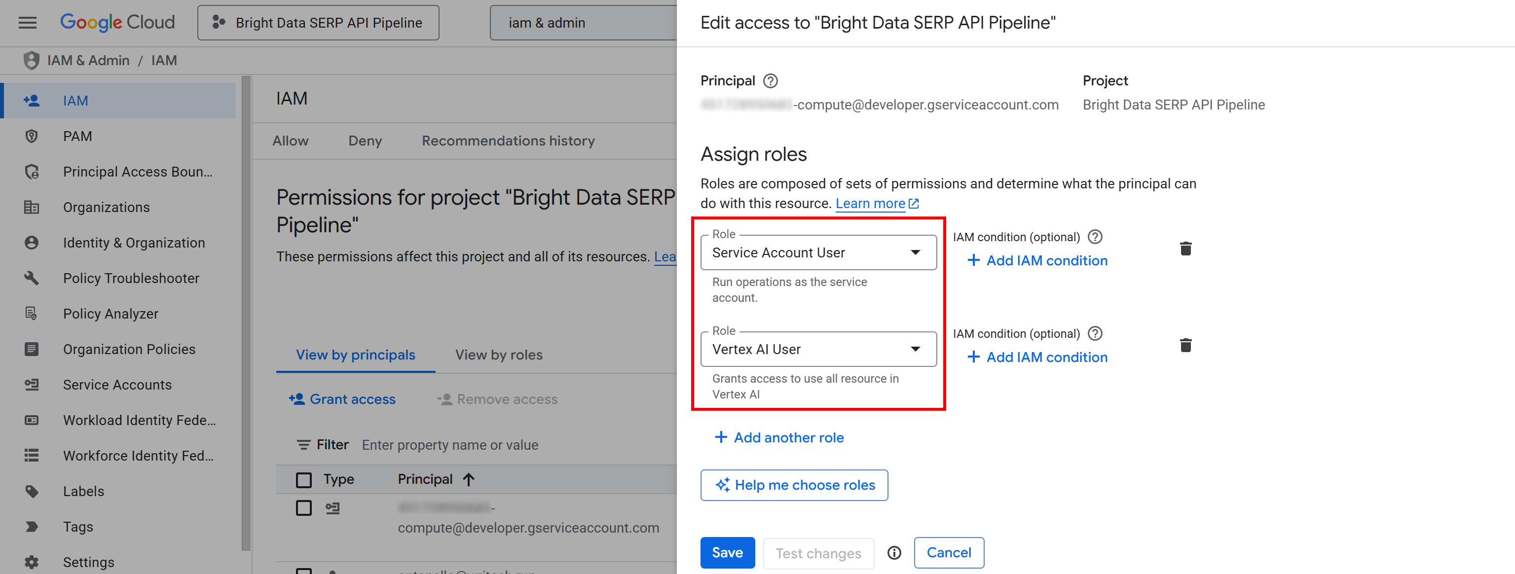 Giving the Compute Engine service account the right IAM roles