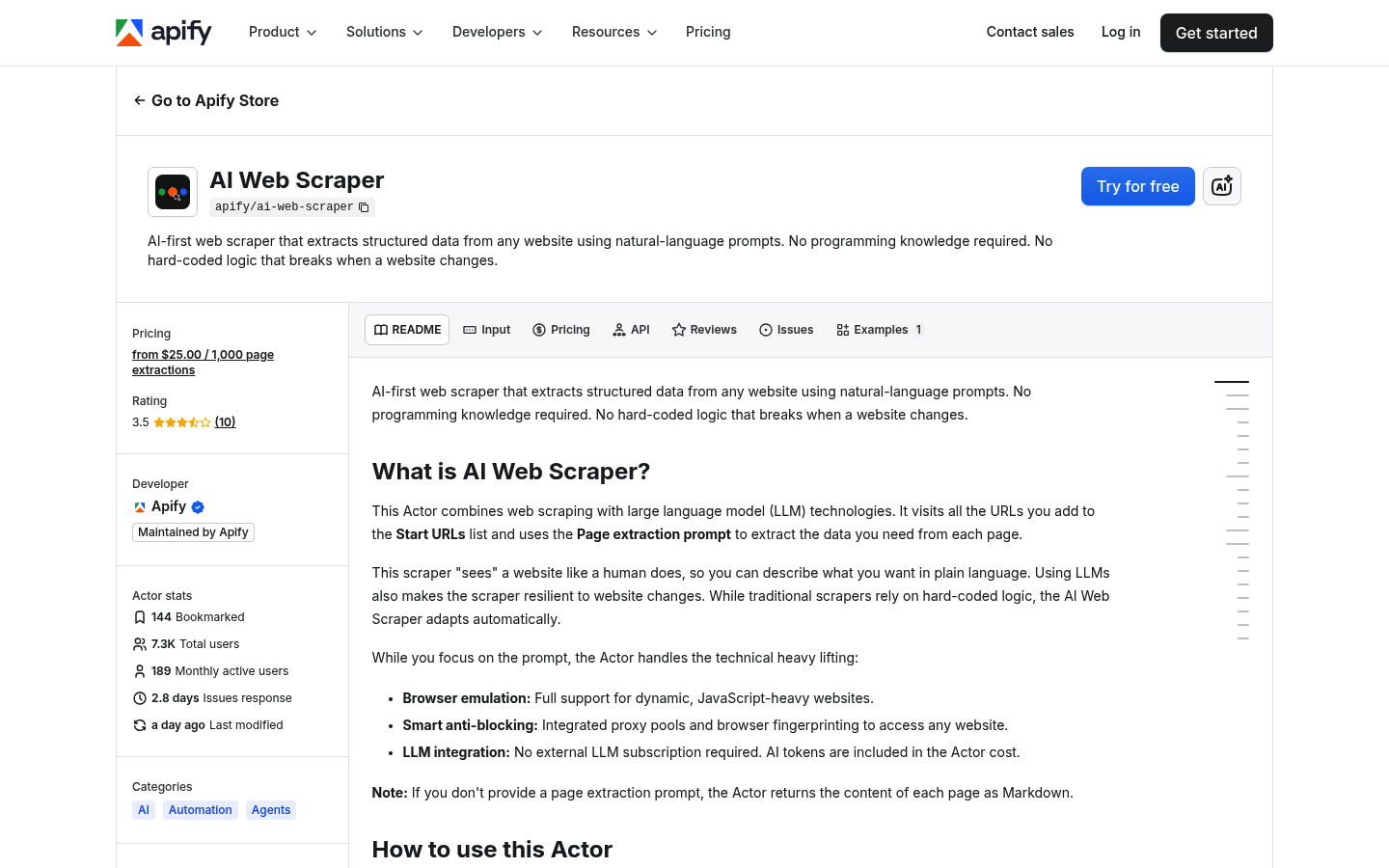 Screenshot der Apify AI Web Scraper Actor-Seite mit dem No-Code-Natural-Language-gestützten Scraping-Tool auf der Apify-Plattform.