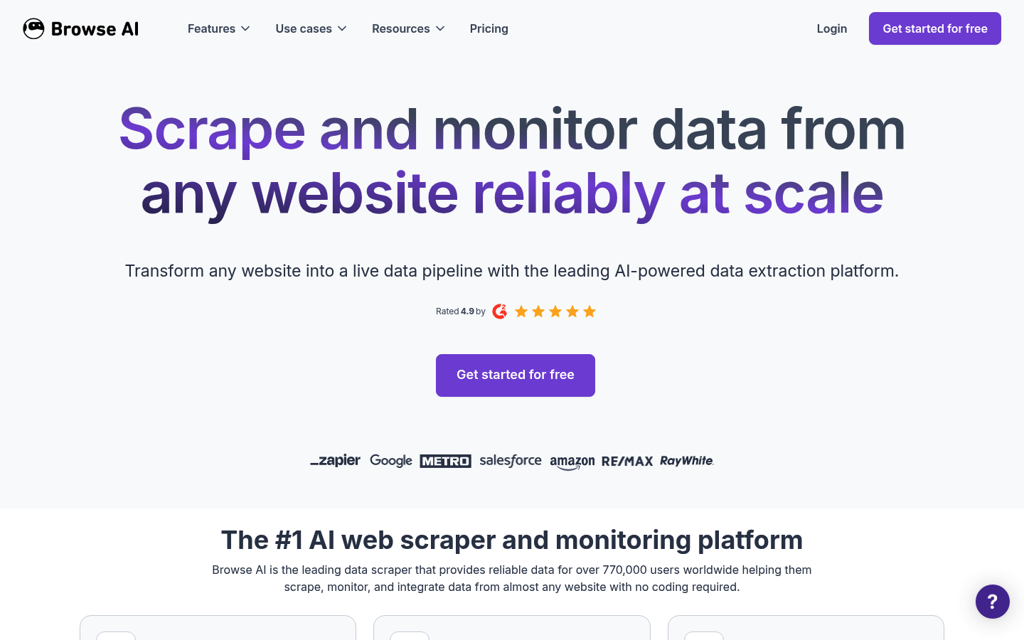 Screenshot der Browse AI No-Code-Web-Scraping-Plattform-Startseite mit visueller Oberfläche und Automatisierungsfunktionen.