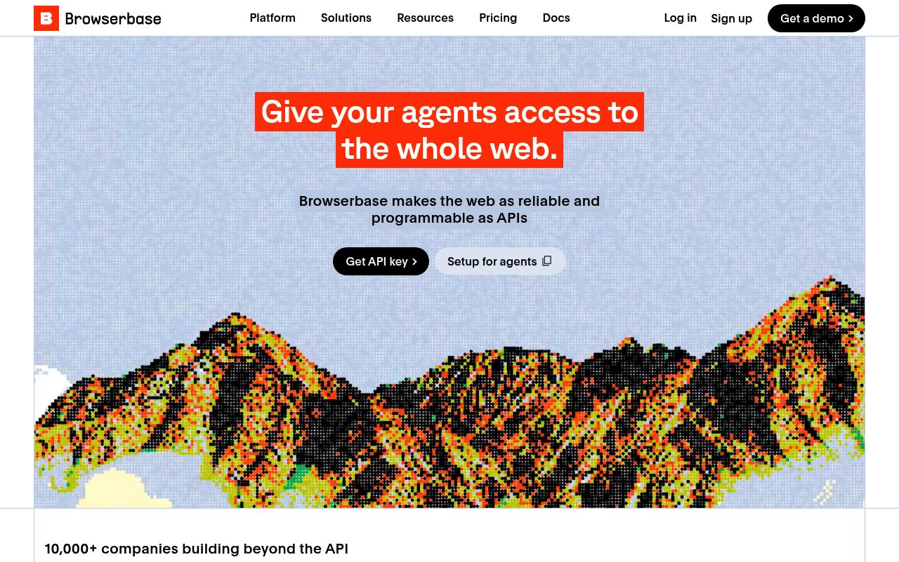 Screenshot der Browserbase-Cloud-Headless-Browser-Plattform-Startseite mit KI-Agenten-Infrastruktur und Stealth-Browser-Funktionen.