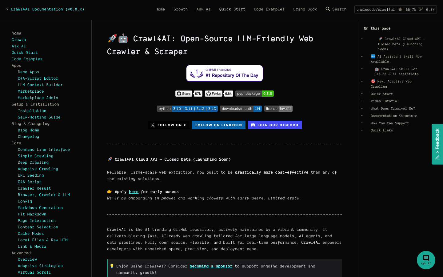 Screenshot der Crawl4AI-Open-Source-Web-Scraping-Bibliothek-Startseite mit Dokumentation und wichtigen Funktionen.
