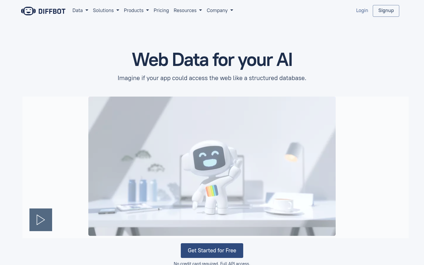 Screenshot der Diffbot-Startseite mit der KI-gestützten Web-Datenextraktionsplattform und dem Knowledge-Graph-Produkt.