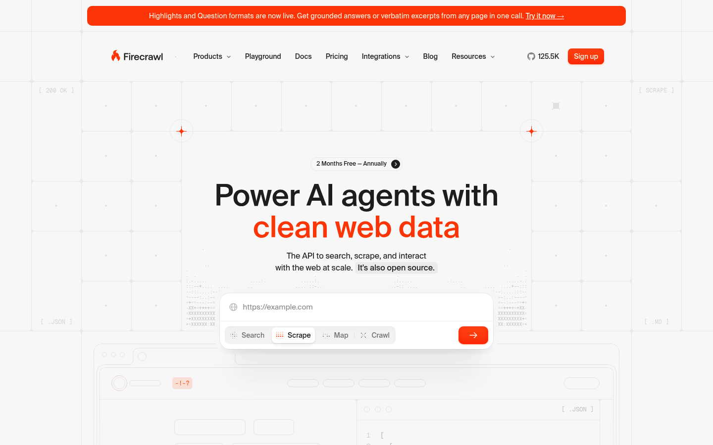 Screenshot der Firecrawl-Startseite mit der entwicklerorientierten KI-Web-Scraping-API-Plattform, ihren Preisen und einem Funktionsüberblick.