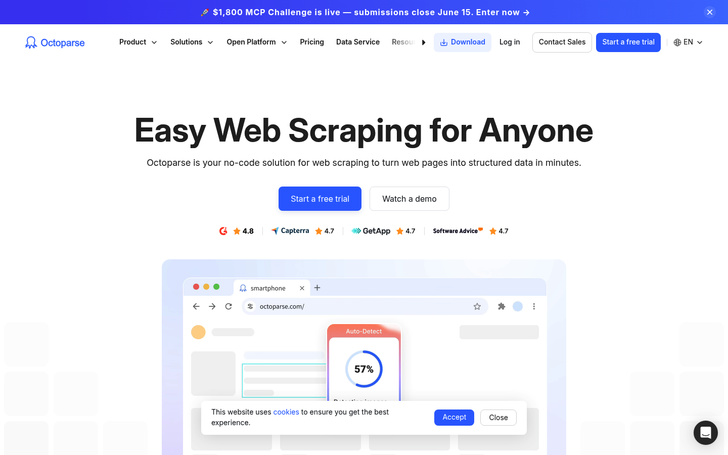 Screenshot der Octoparse No-Code-Web-Scraping-Plattform-Startseite mit visueller Oberfläche und Cloud-Extraktionsfunktionen.