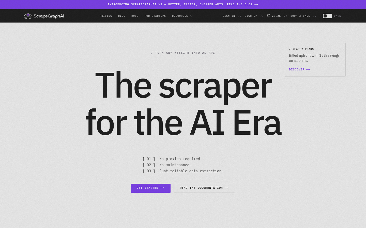 Screenshot der ScrapeGraphAI-Startseite mit der KI-nativen Web-Scraping-API und Open-Source-Bibliothek.