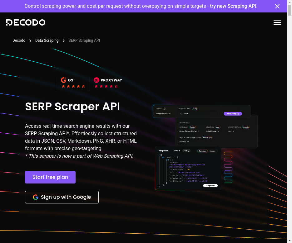 Decodo SERP Scraper API-Seite