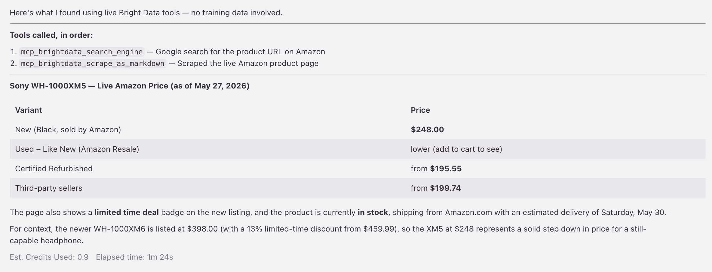 Kiro-Agent: search_engine dann scrape_as_markdown gibt einen Live-Sony-WH-1000XM5-Amazon-Preis von $248,00 mit Lagerstatus zurück. 0,9 Credits.
