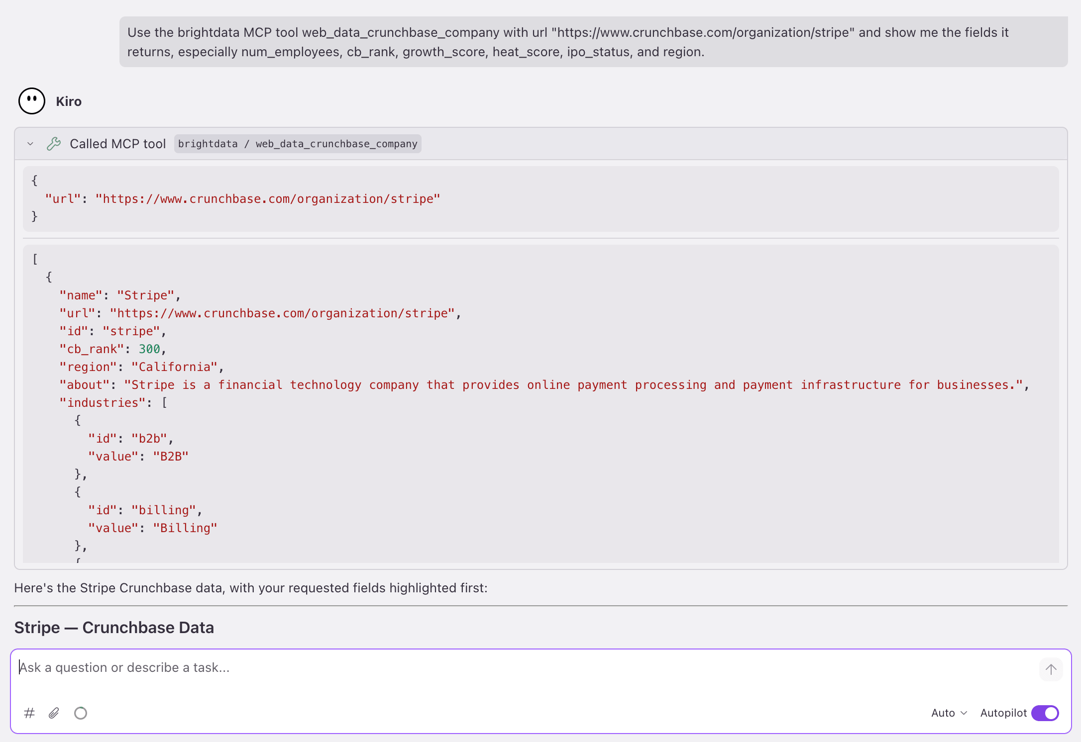 Kiro führt web_data_crunchbase_company für Stripe aus: eine `url` rein, ein strukturierter Datensatz raus mit `name: Stripe`, `cb_rank: 300`, `region: California`.