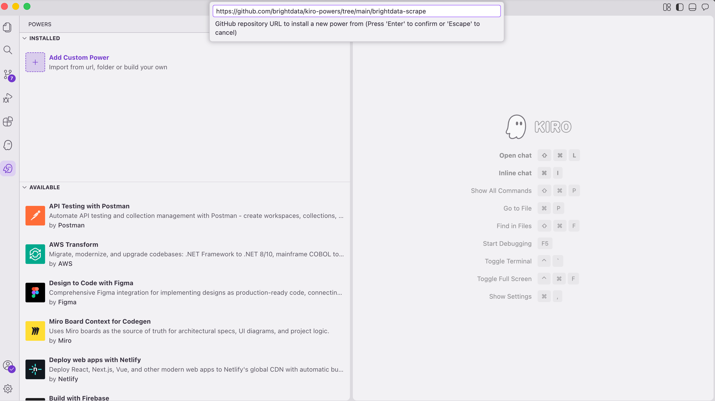 Kiro 'Custom Power hinzufügen'-Modal: brightdata-scrape GitHub-URL im Eingabefeld eingefügt, mit dem Hinweis 'Enter drücken zum Bestätigen'.