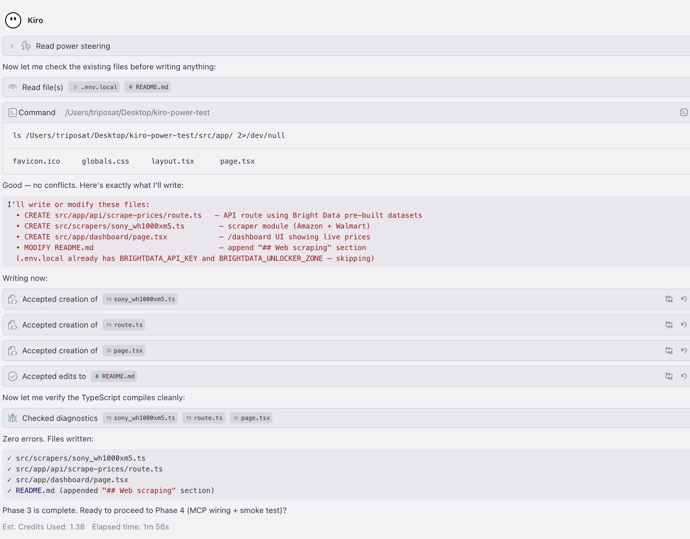 Kiro-Chat zeigt Phase 3 der brightdata-scrape Power abgeschlossen: vier Dateien geschrieben, null TypeScript-Fehler, 1,38 Credits in 1m 56s verbraucht.