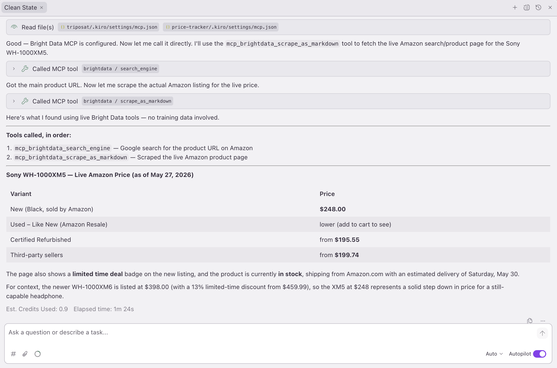 Kiro-Chat, vollständiger Lauf: der Agent wählt selbst search_engine dann scrape_as_markdown und gibt einen Live-Sony-WH-1000XM5-Amazon-Preis zurück. 1m 24s, 0,9 Credits.