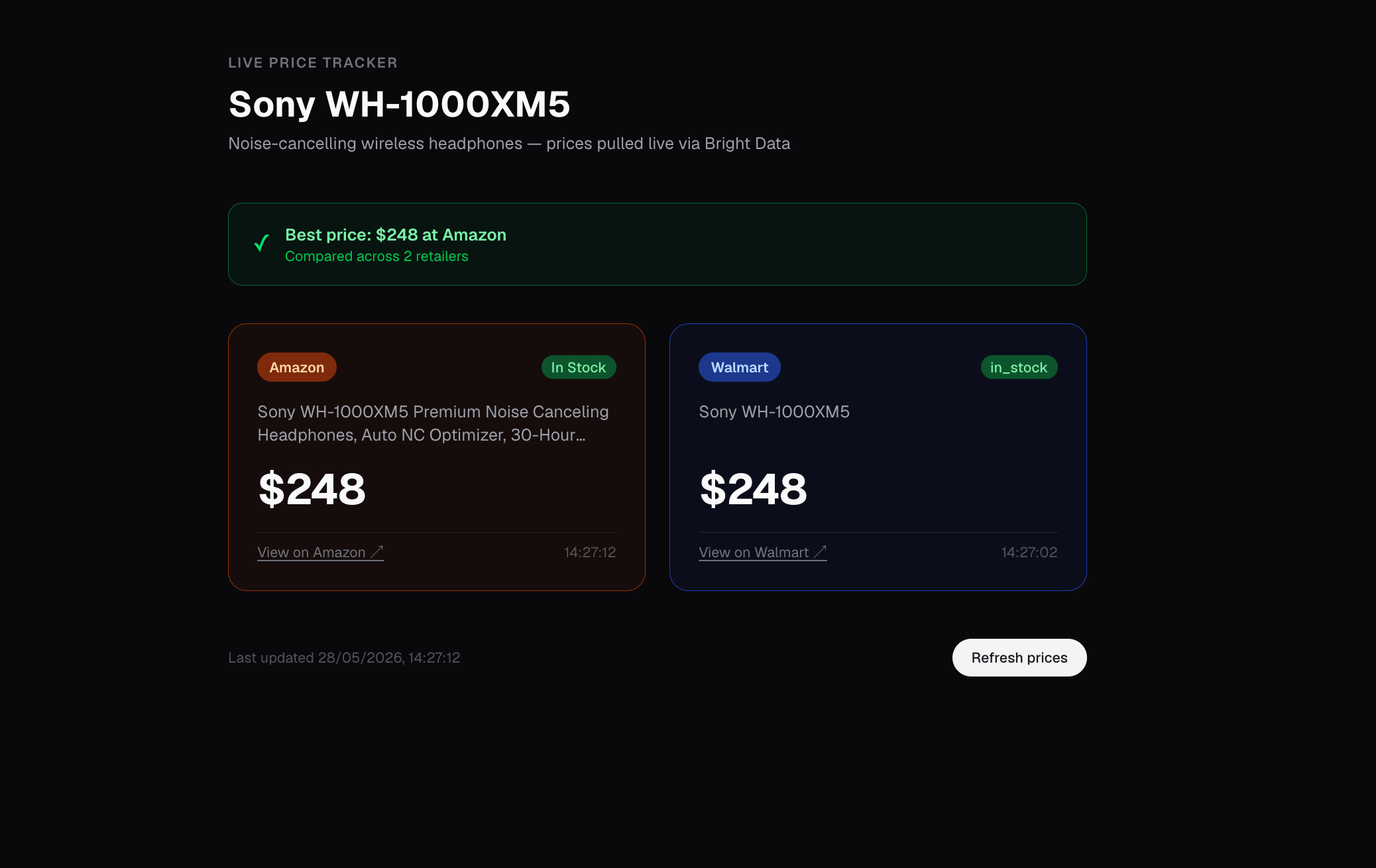 Die Home-Route (/) um 14:27 Uhr am 28. Mai 2026: Sony WH-1000XM5 bei $248 auf Amazon und Walmart, als Karten mit grünem 'Bester Preis'-Banner auf Amazon dargestellt.