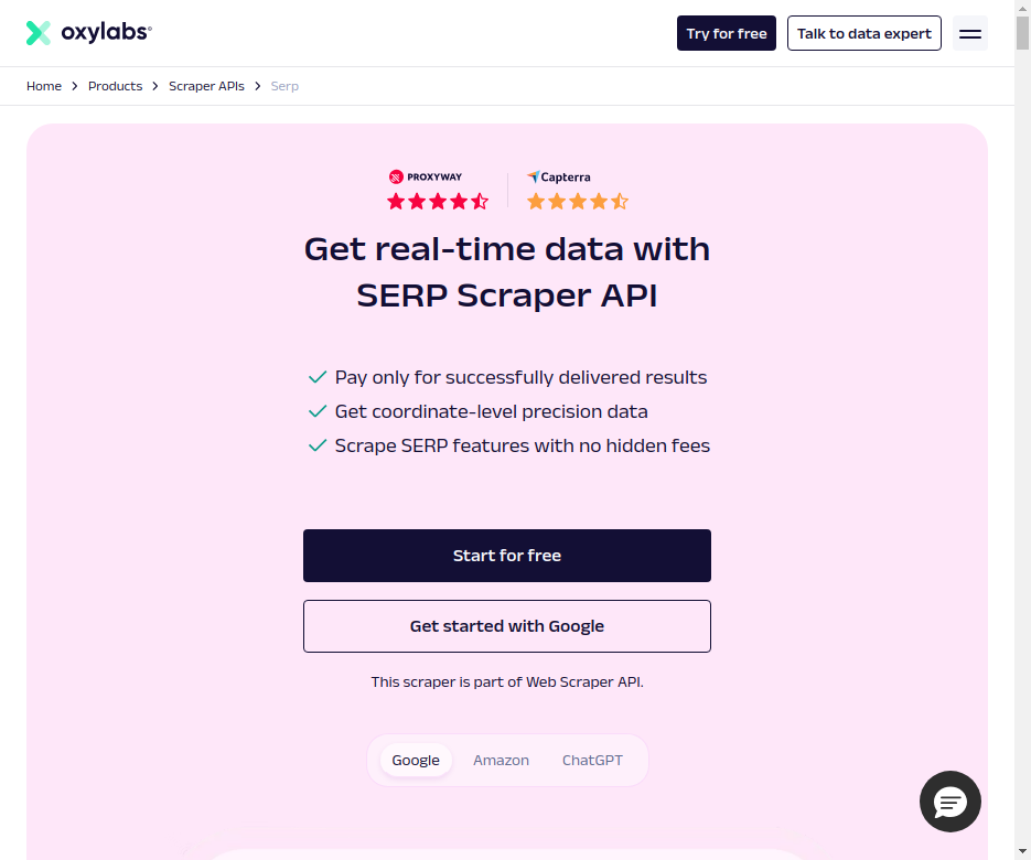 Oxylabs SERP Scraper API-Seite
