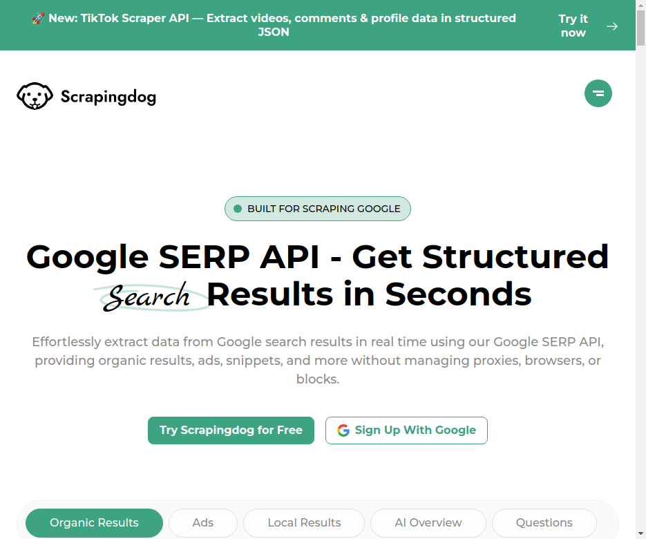 Scrapingdog Google SERP-API-Seite