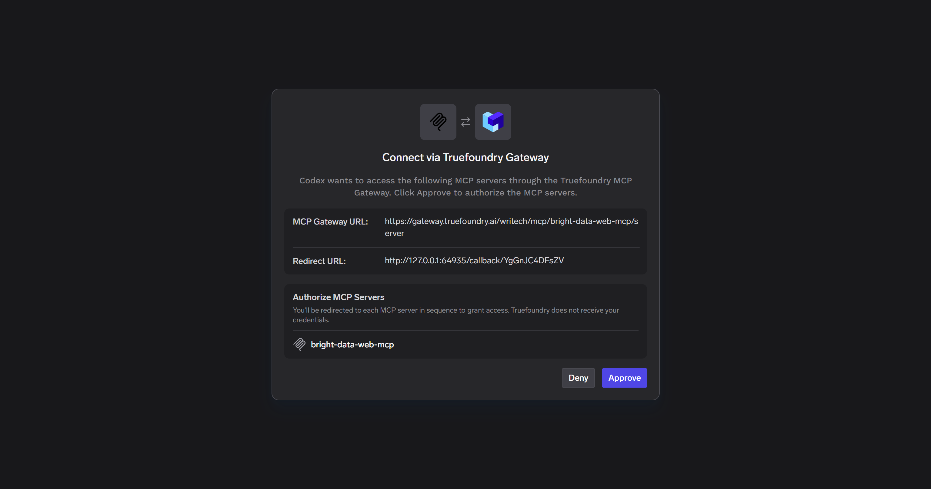 Die TrueFoundry OAuth-Autorisierungsseite für Ihr MCP Gateway