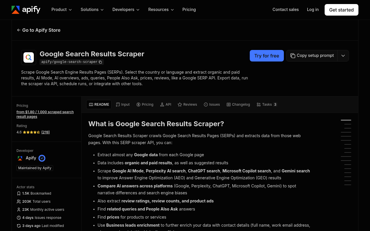 Apify kostenlose SERP-API Plan- und Preisseite