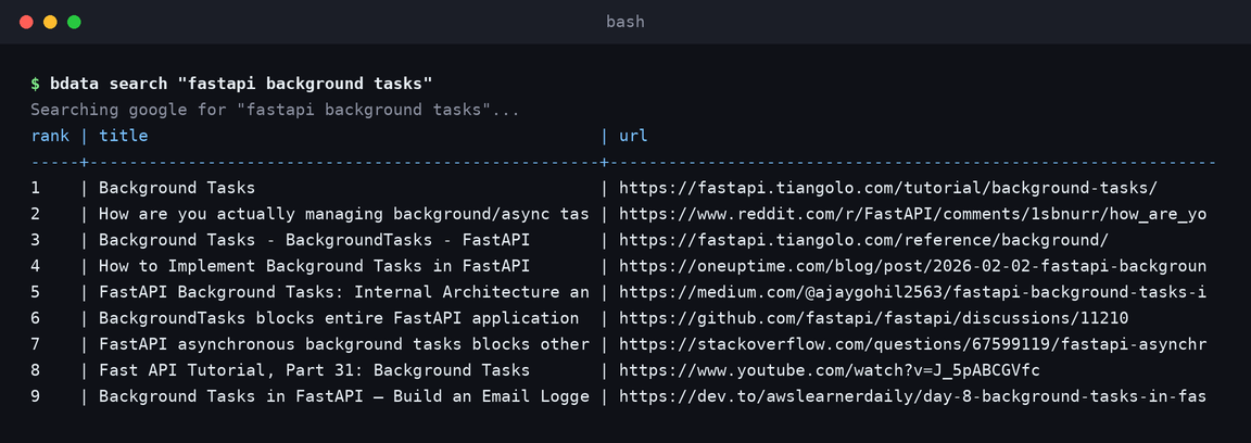 Bright Data CLI führt bdata search für fastapi background tasks aus und gibt gerankte Google-Ergebnisse mit Titeln und URLs aus