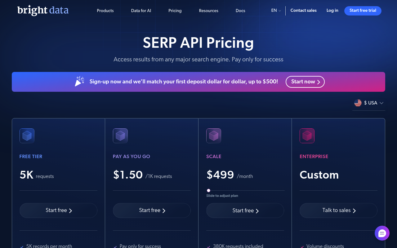 Bright Data kostenlose SERP-API Plan- und Preisseite