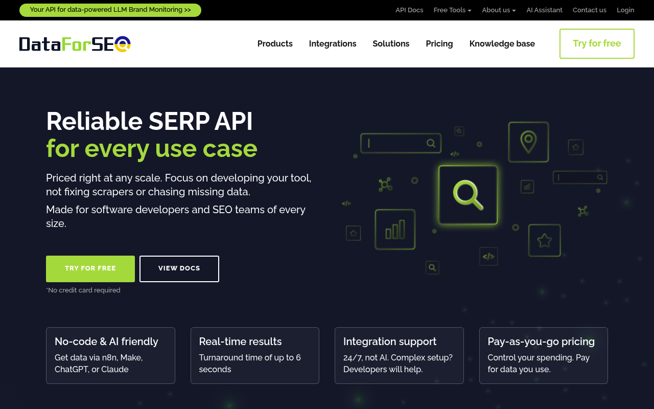 DataForSEO kostenlose SERP-API Plan- und Preisseite