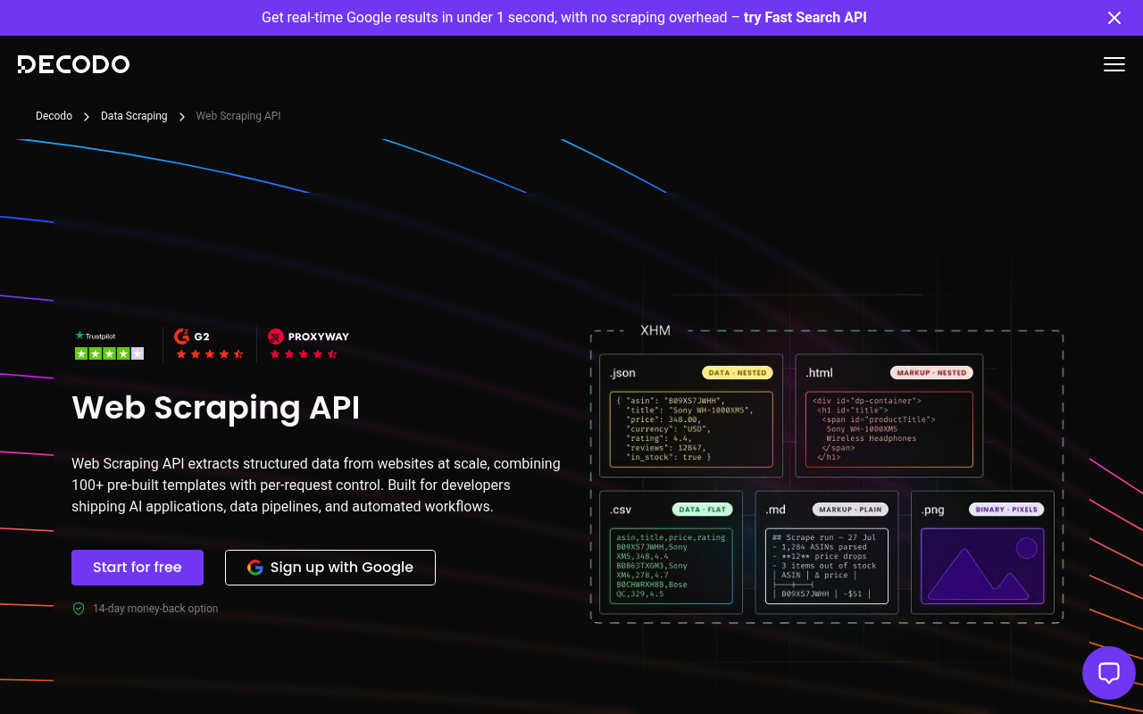Decodo kostenlose SERP-API Plan- und Preisseite
